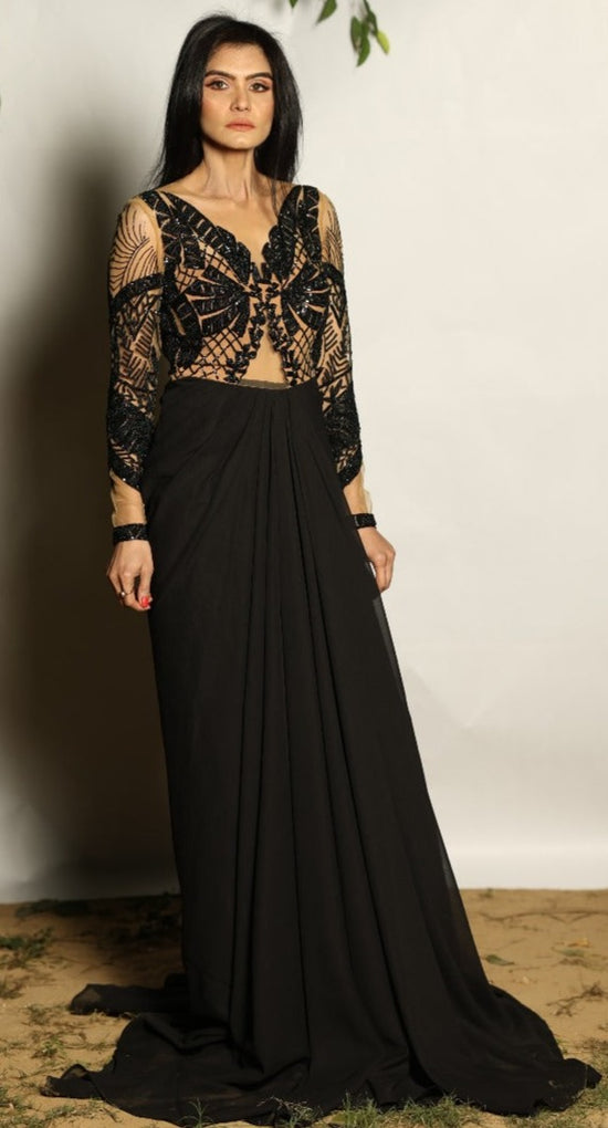 nude & black embroidery gown