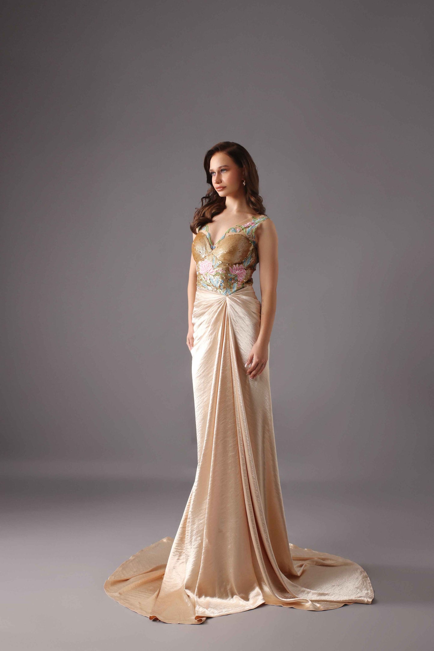 Beige and Multicolor Designer Gown