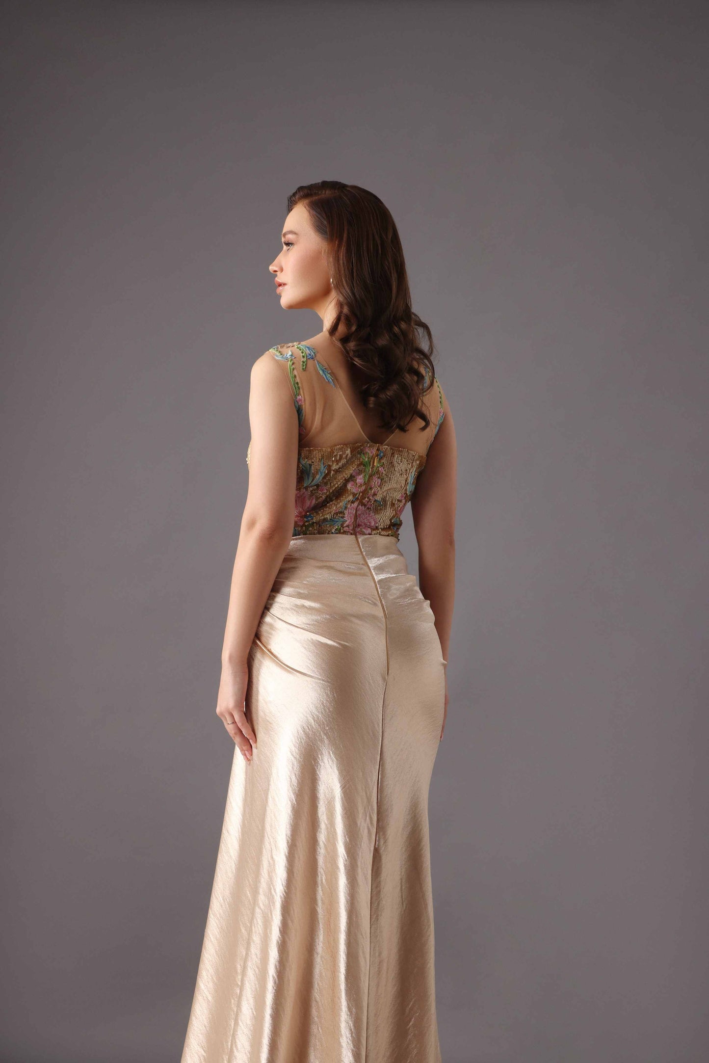 Beige and Multicolor Designer Gown