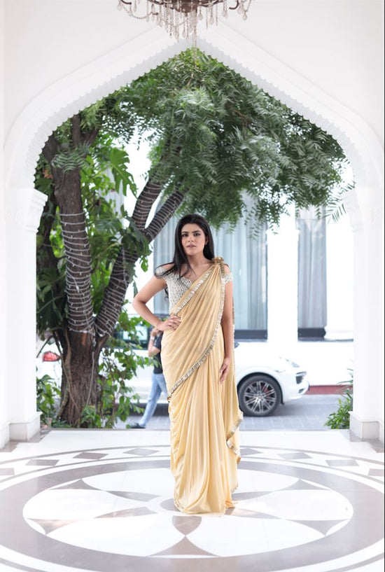 Gold saree with off shoulder blouse