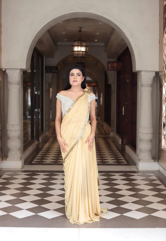Gold saree with off shoulder blouse