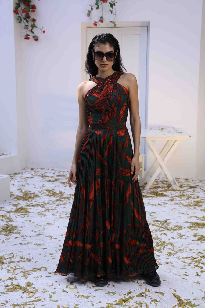 Load image into Gallery viewer, Red And Green Halter Neck Maxi Dress
