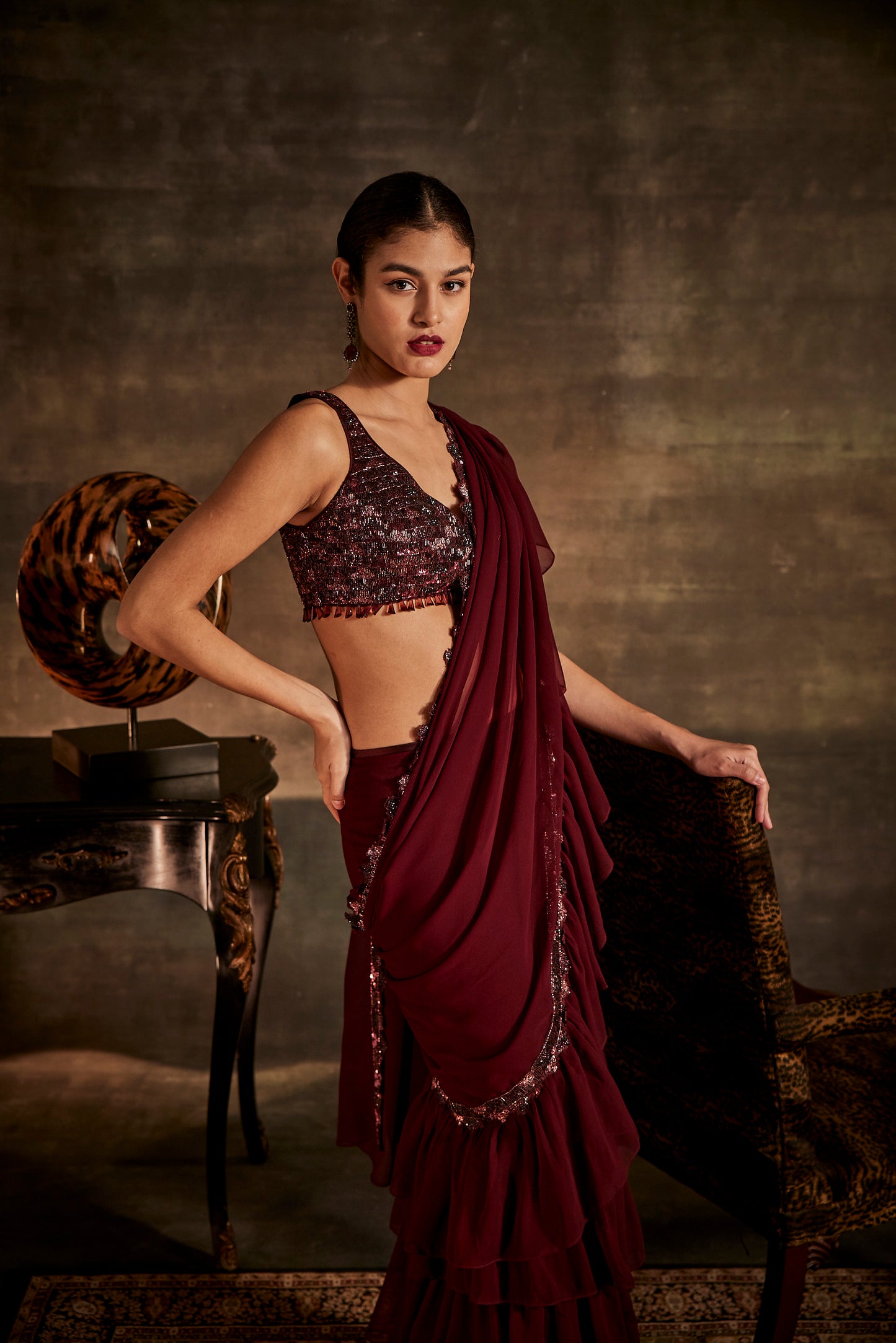 Wine Designer Drape Saree