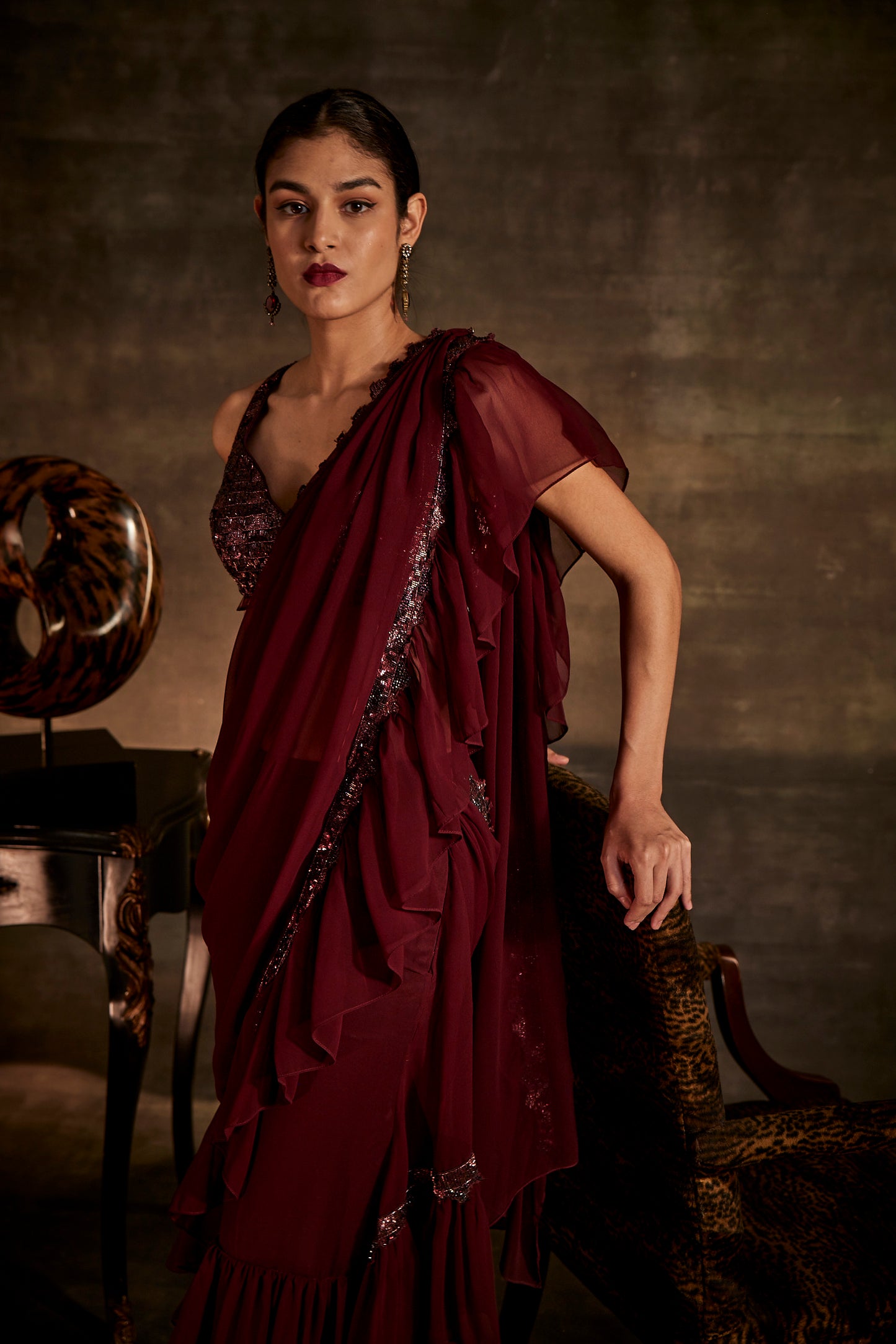 Wine Designer Drape Saree