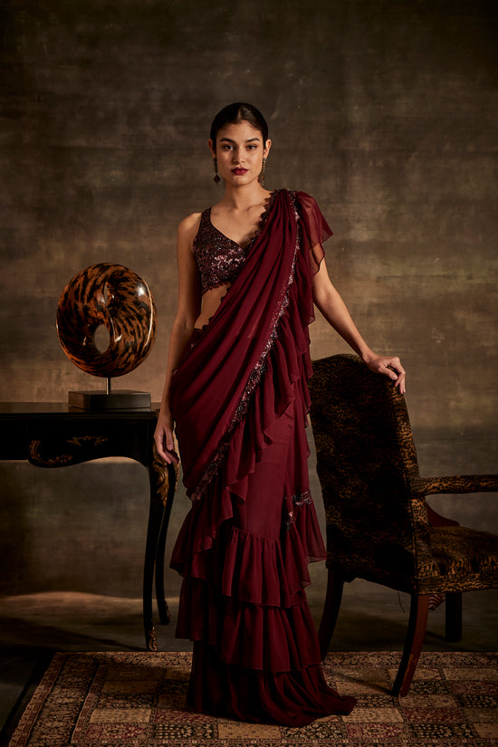 Wine Designer Drape Saree