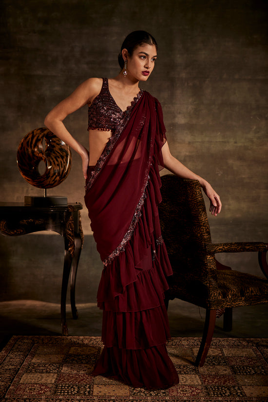 Wine Designer Drape Saree