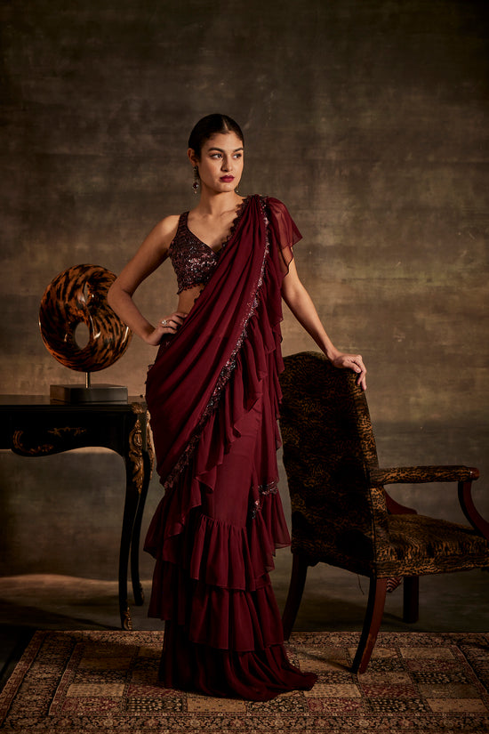 Wine Designer Drape Saree