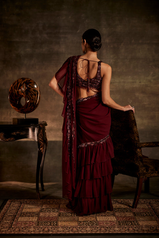 Wine Designer Drape Saree