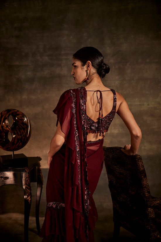 Wine Designer Drape Saree