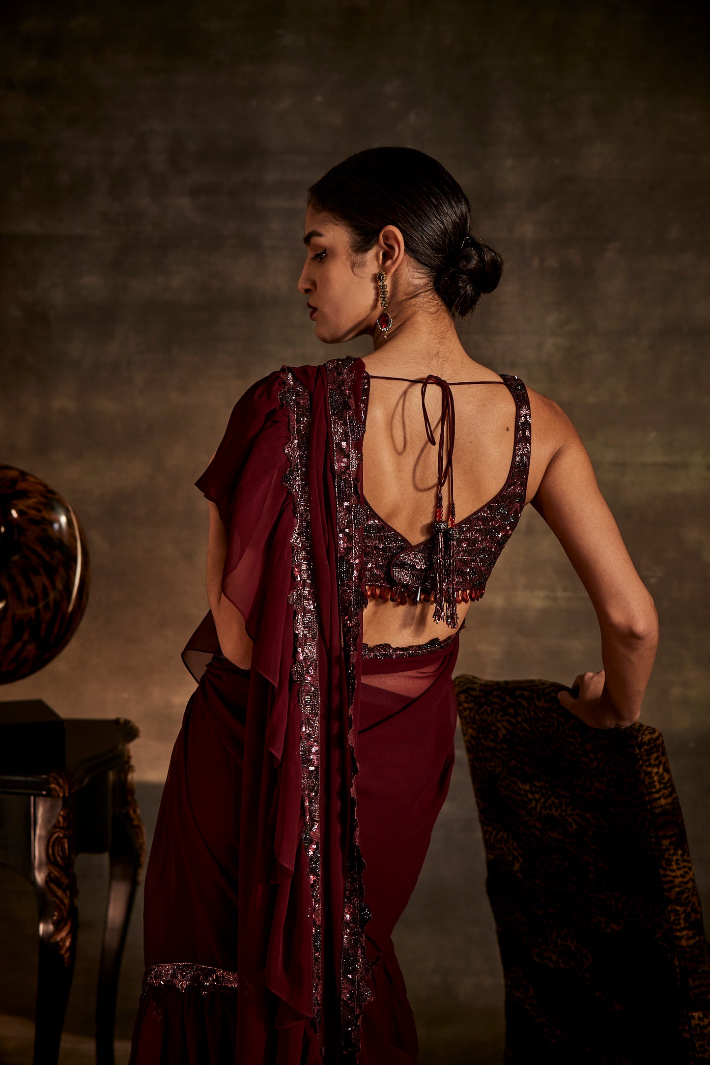 Wine Designer Drape Saree