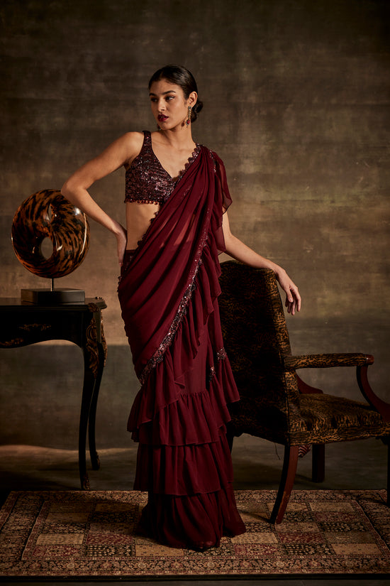 Wine Designer Drape Saree