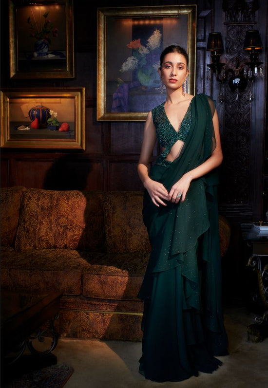 Load image into Gallery viewer, Emerald Green Drape Saree
