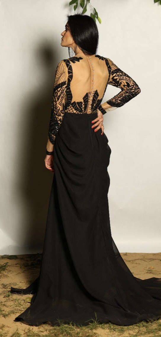 nude & black embroidery gown