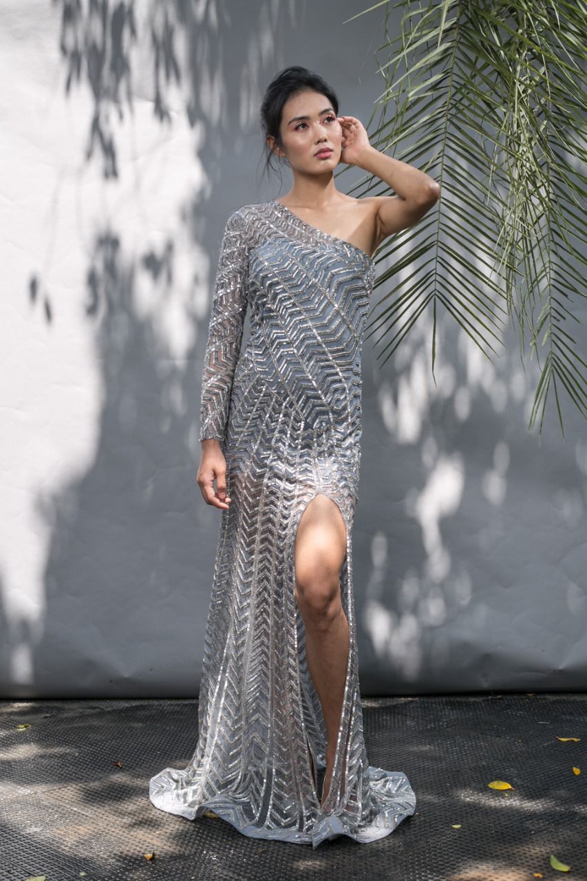 Silver One Shoulder Gown