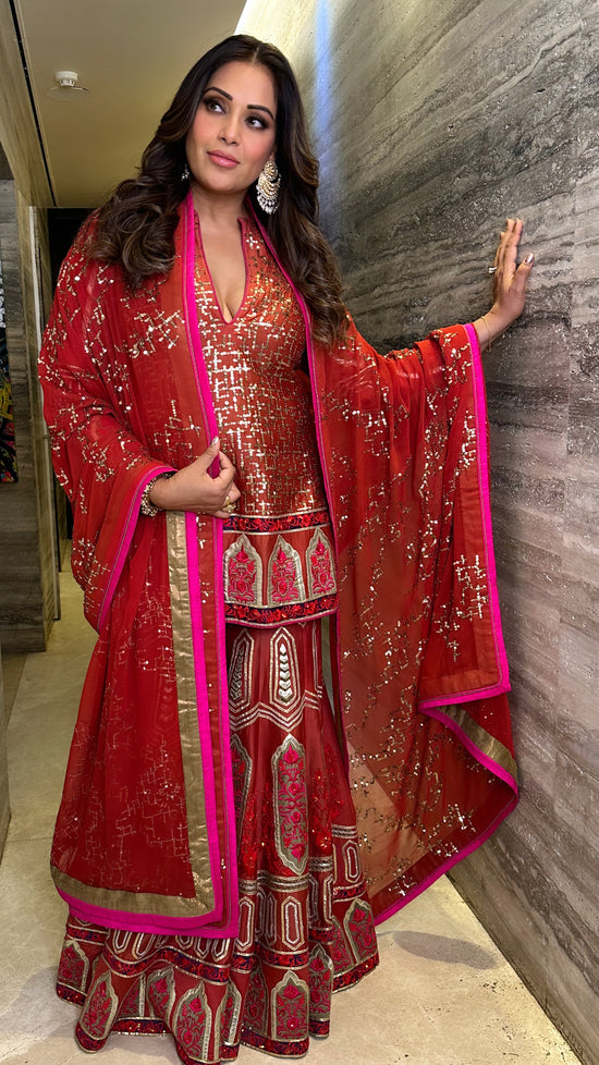 Gold Foil Red Sharara Suit