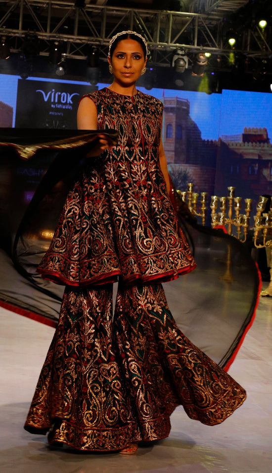 Black Gold and Maroon Sharara Set.