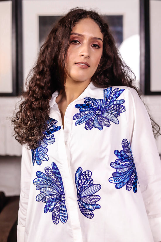 White Shirt with Blue Floral Thread Work