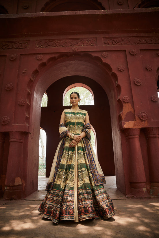 Best Beige and green long Jacket Lehenga set 