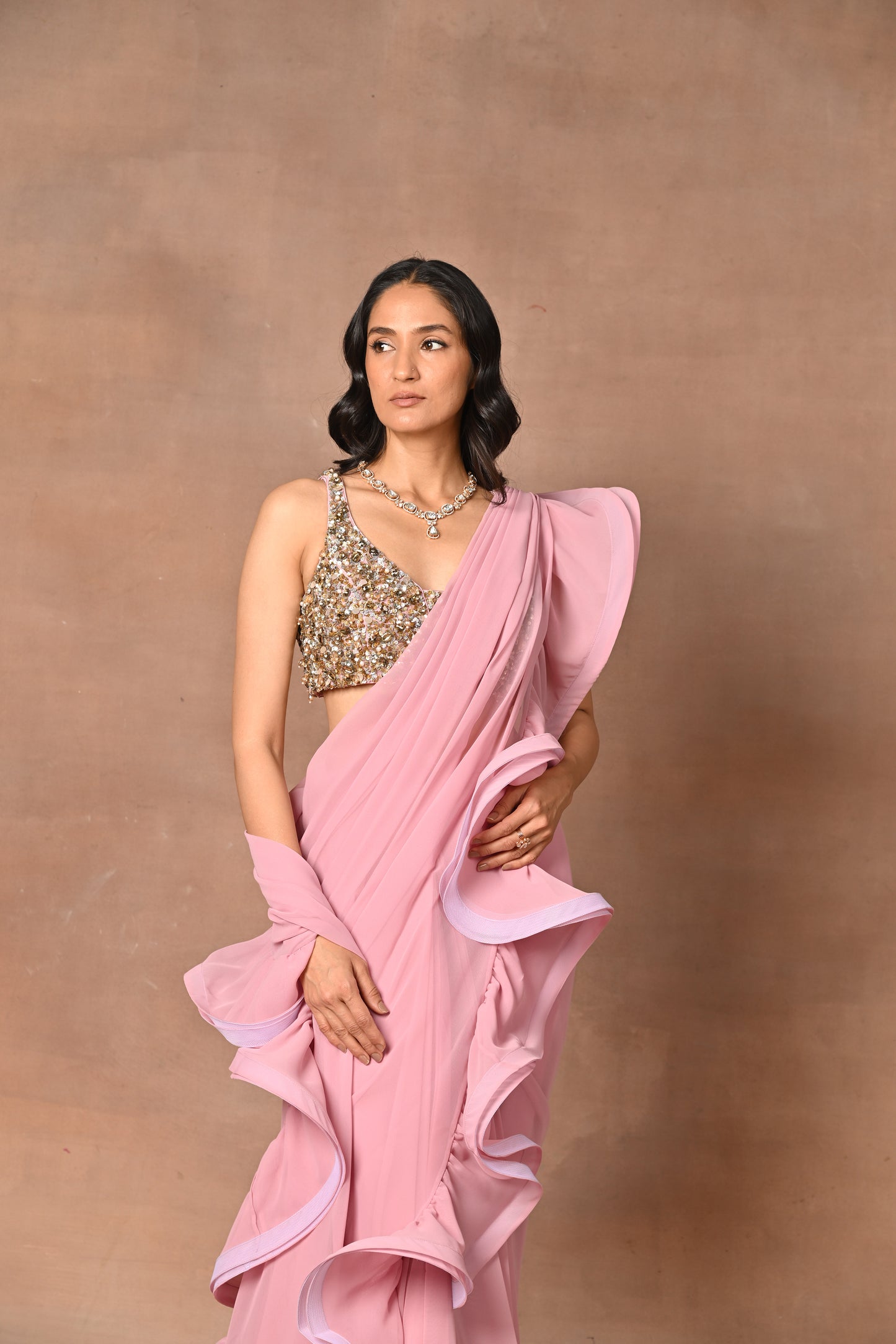 Exquisite Pink Designer Drape Saree with Frill