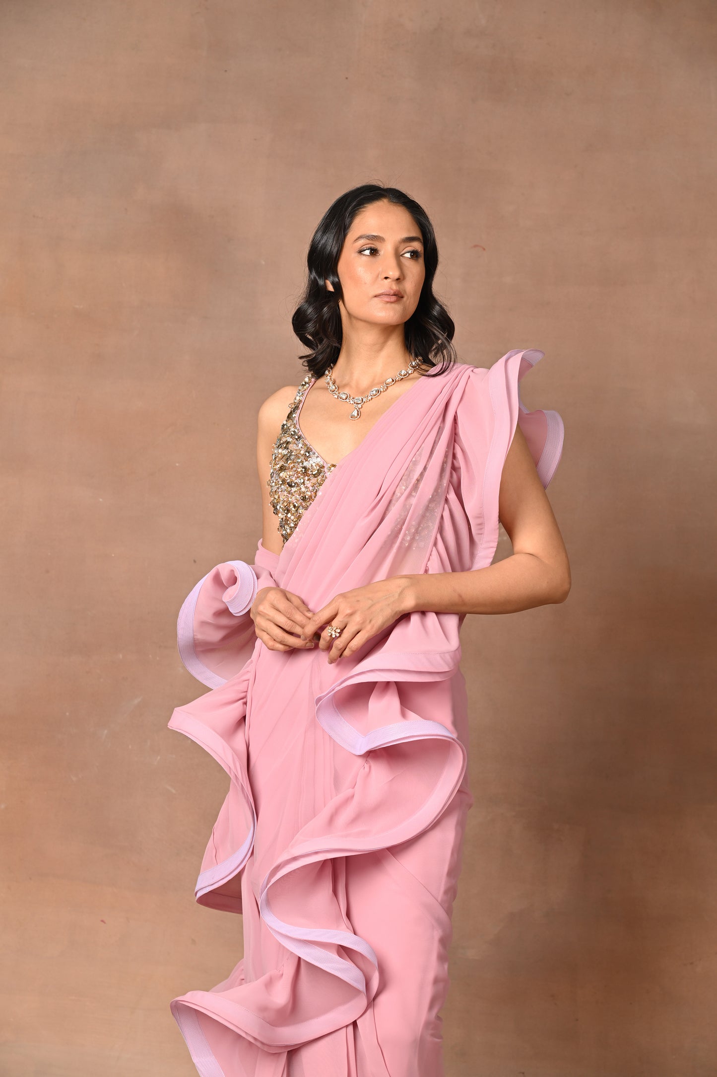 Exquisite Pink Designer Drape Saree with Frill