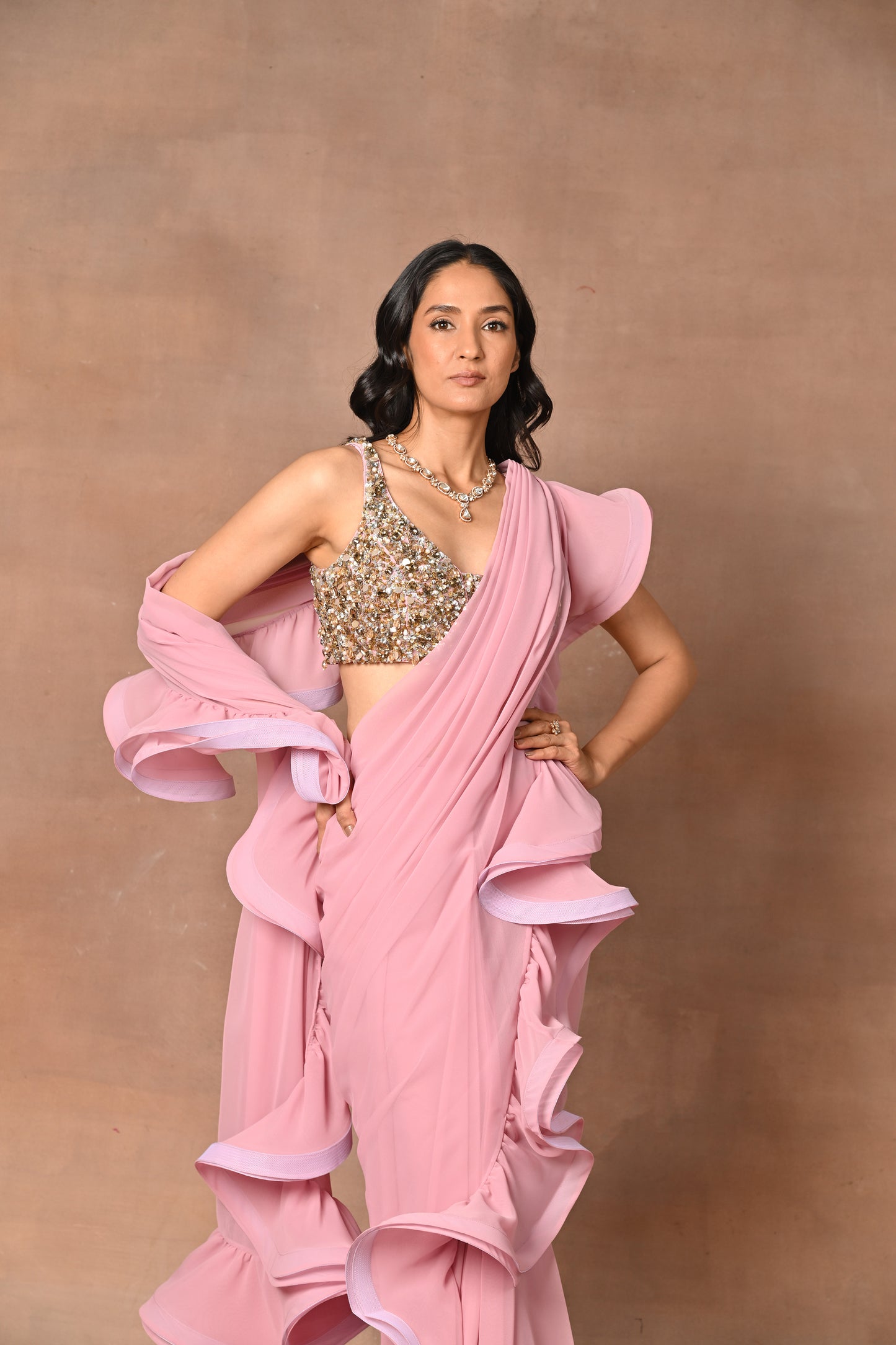 Exquisite Pink Designer Drape Saree with Frill