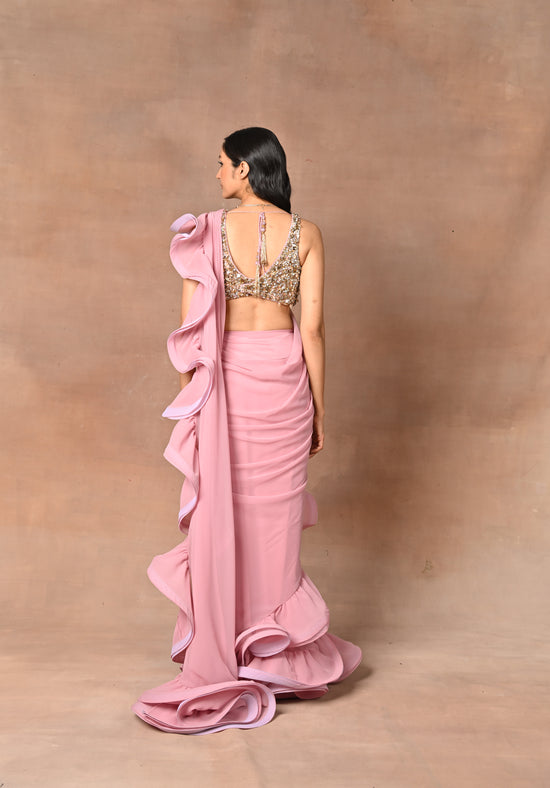 Exquisite Pink Designer Drape Saree with Frill