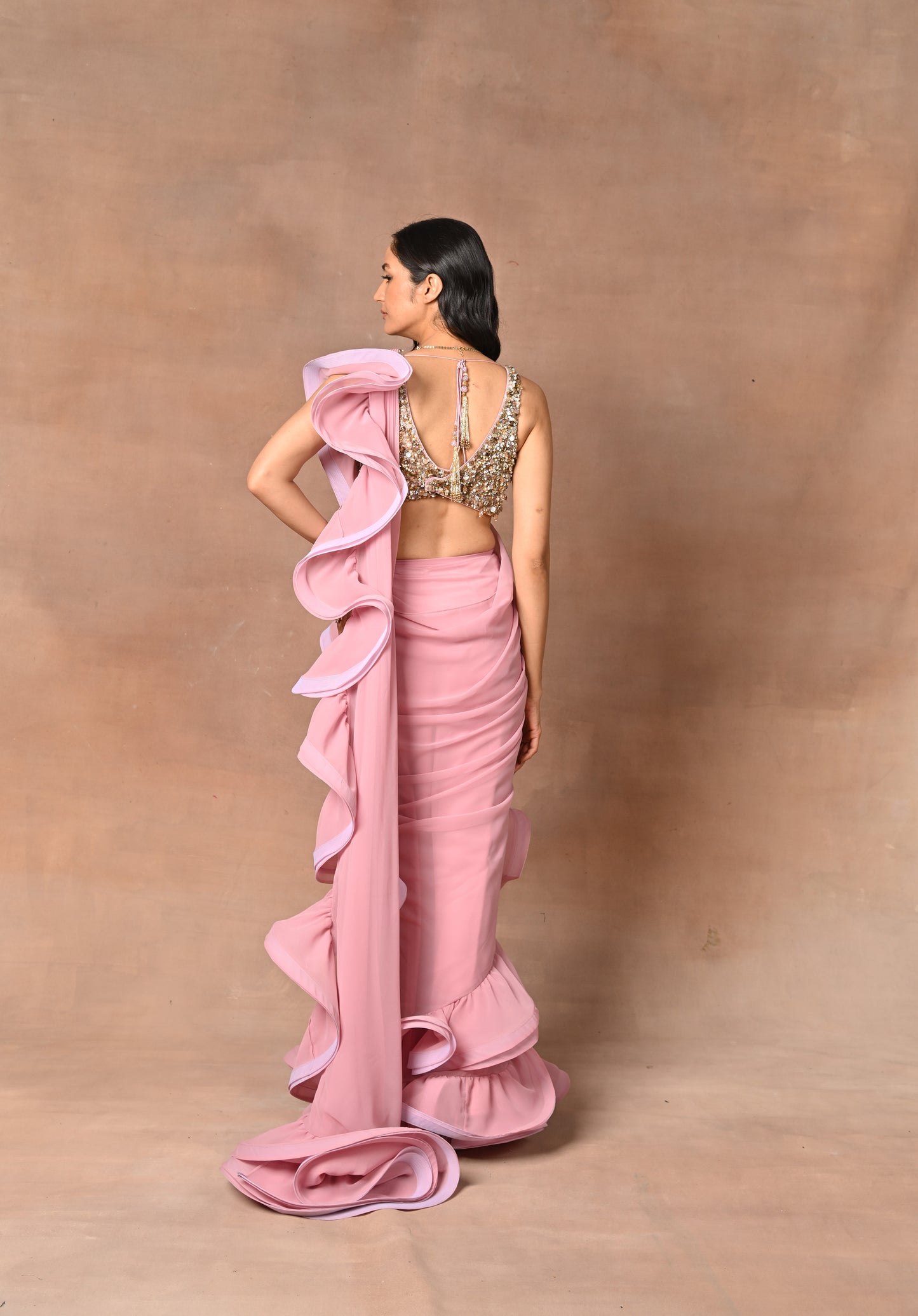 Exquisite Pink Designer Drape Saree with Frill