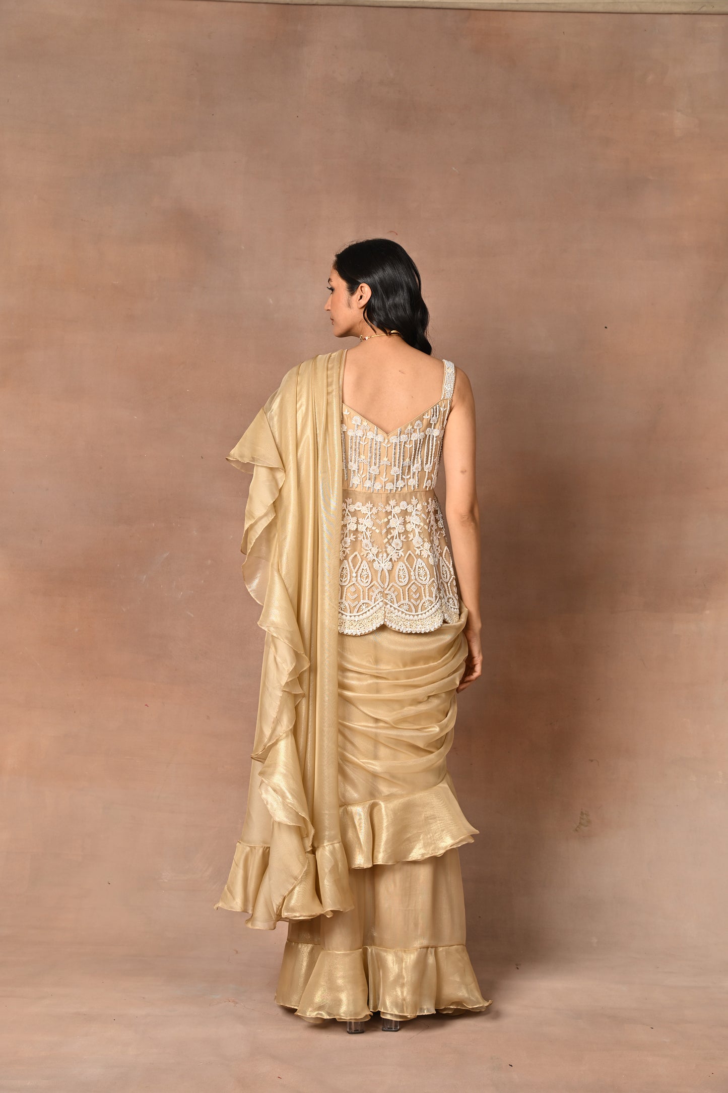 Exquisite Beige Designer Drape Saree