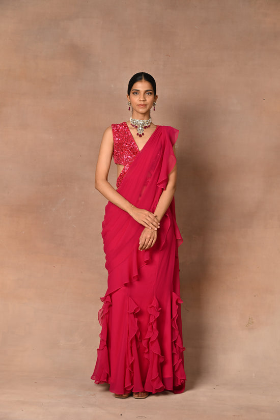 Exquisite Red Drape Saree