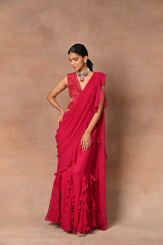 Exquisite Red Drape Saree