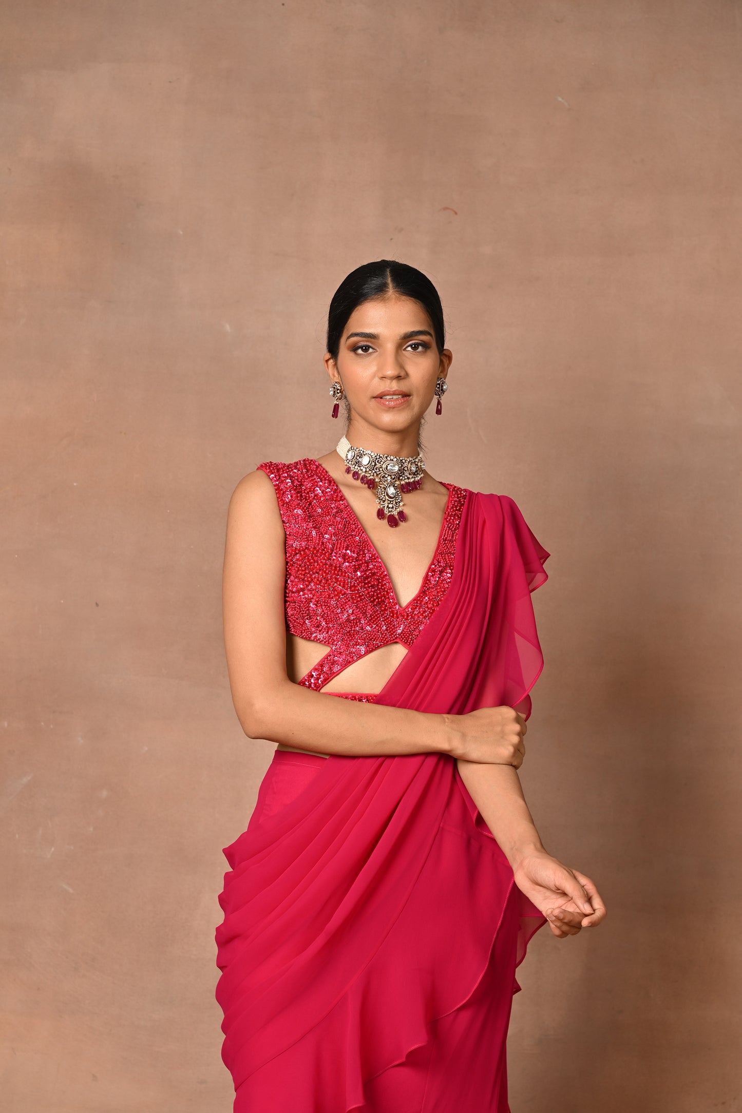 Exquisite Red Drape Saree