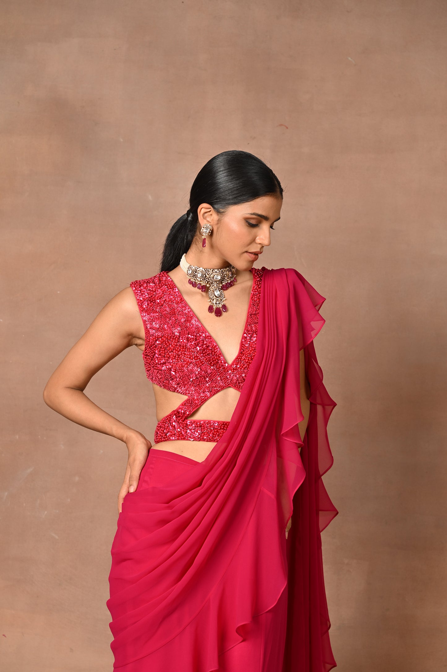 Exquisite Red Drape Saree