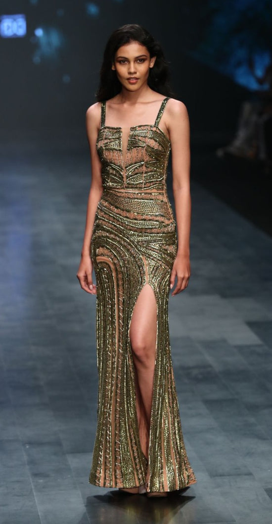 Load image into Gallery viewer, Metallic Gold Slit Gown

