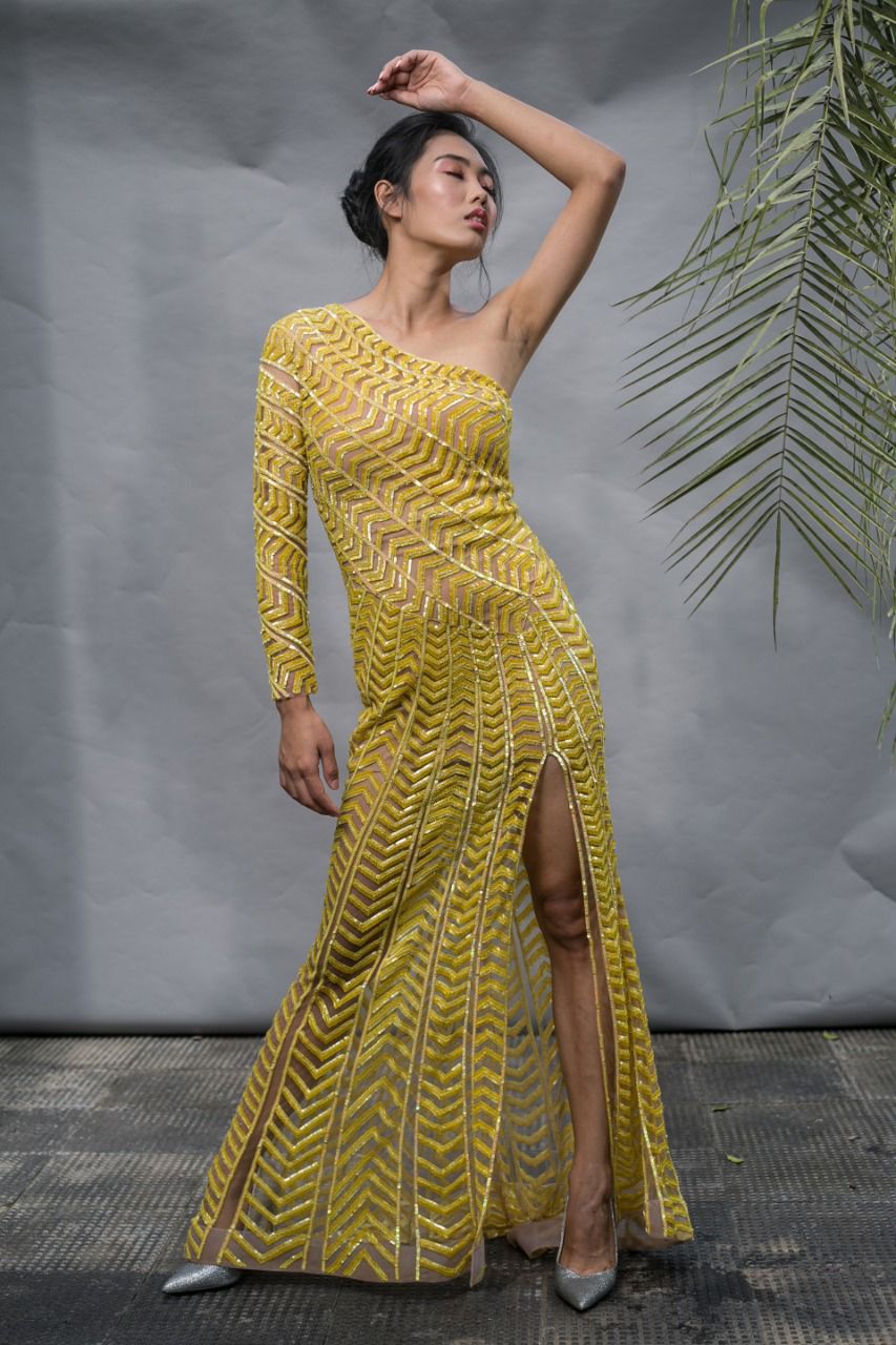 Load image into Gallery viewer, Yellow One Shoulder Gown
