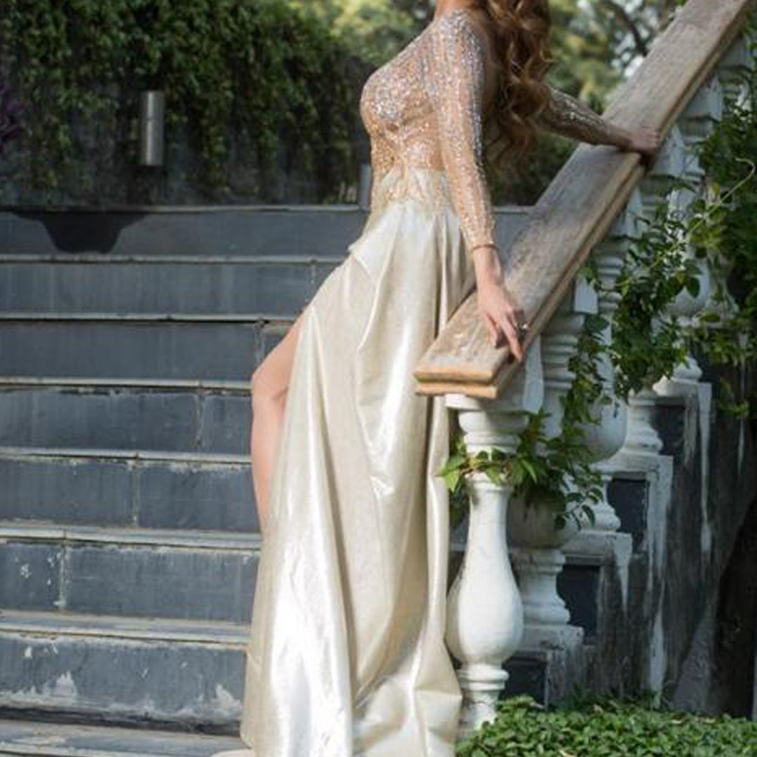 Load image into Gallery viewer, Silver to Gold Sheer Body Dress with Metallic Skirt Drape Dress
