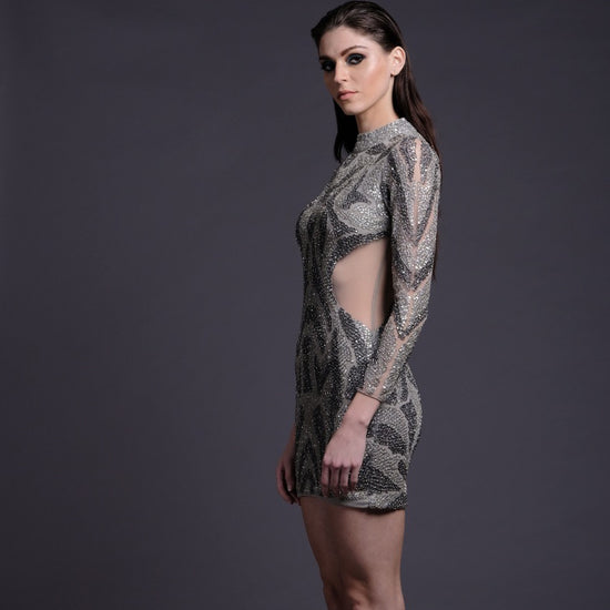 Silver Full Hand Embroidery Dress with Waist Cut Out