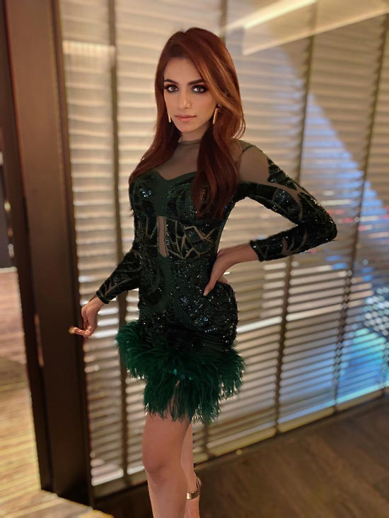 Emerald Green and Black Sequin Dress with Fur Edging