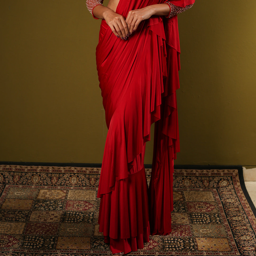Red Drape Saree Set