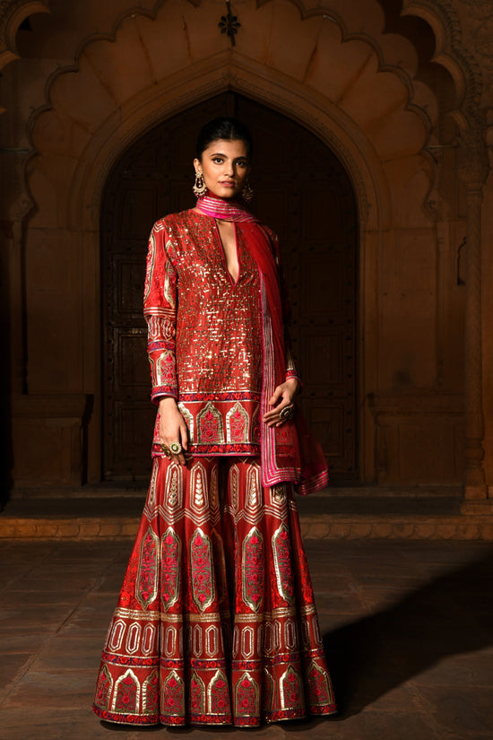 Gold Foil Red Sharara Suit