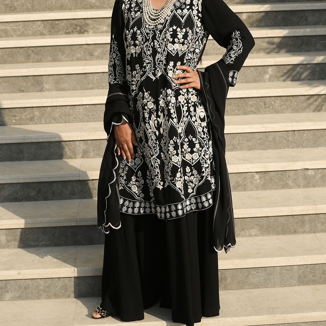 Load image into Gallery viewer, Black Embroidered Sharara Set

