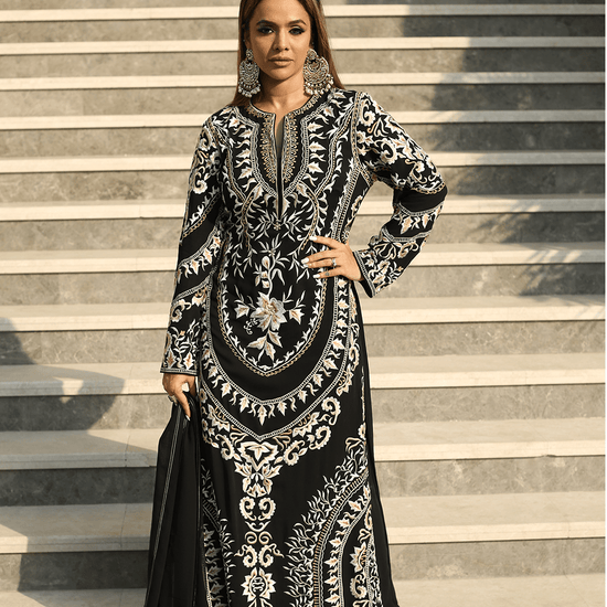 Black Floor Length Embroidered Suit