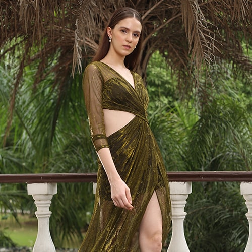 Green Cut-out Gown With Slit
