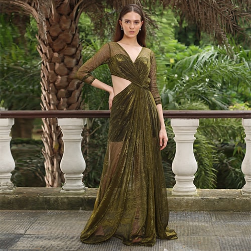 Green Cut-out Gown With Slit