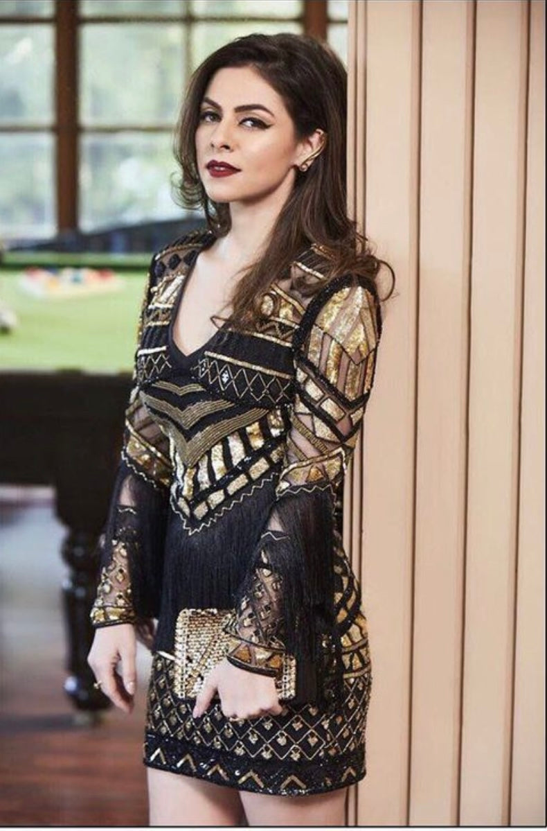 Load image into Gallery viewer, Black n Gold Dress with Tassels
