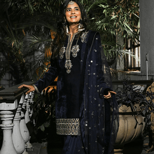 Navy Blue Hand Embroidered Short Suit