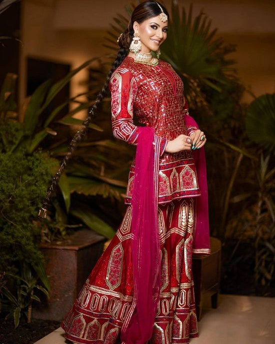 Gold Foil Red Sharara Suit