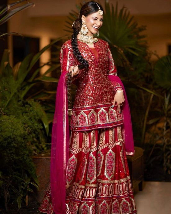 Gold Foil Red Sharara Suit