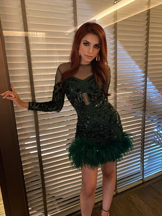 Emerald Green and Black Sequin Dress with Fur Edging